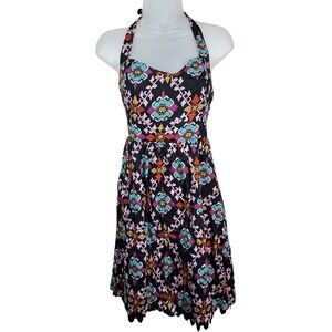 Anthropologie Edme & Esylette Black Multicolored Patterned Halter Retro Dress 6